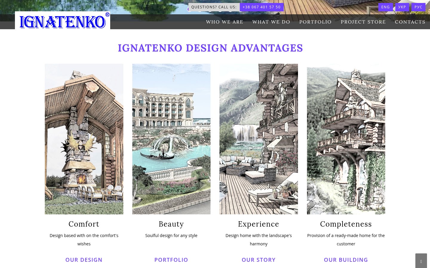 Portfolio and services — the four project categories and the studio's construction specialisations